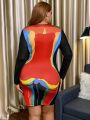 SHEIN Slayr Plus Size Women's Pattern Printed Long Sleeve Wrap Bodycon Dress