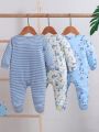 SHEIN Baby Boys' Cute Dinosaur Striped Print Solid Romper With Footies Side Snap Home Outfit, 3 Pieces/Set