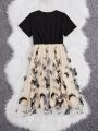 SHEIN Teenage Girls' Knitted Butterfly Embroidery Mesh Splice V-neck Dress