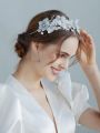 1pc Women's Metal Flower, Tulle, Crystal, Bead, Leaf Decor Gorgeous Bride Crown Headpiece