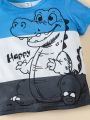 SHEIN 2pcs/Set Boys' Casual Cute Dinosaur Pattern Short Sleeve T-Shirt + Denim Shorts