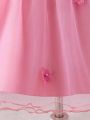 Pink Floral Mesh Young Girls' Princess Dress For Birthday Party, Wedding, Festival And Performance