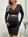 SHEIN Maternity Hollow Out Cross Design Bodycon Dress With Long Sleeves