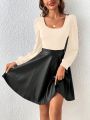 SHEIN Frenchy Women's Color Block Turn-down Collar Long Sleeve Dress