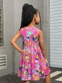 SHEIN Girls' Sweet & Cool Round Neck Sleeveless Dress For Everyday Wear