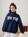 Teen Girls Letter Graphic Half Zip Drop Shoulder Sweatshirt