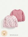 Cozy Cub Baby Girl Floral Pattern Solid Color Round Neck Off-Shoulder Sweatshirt Two-Piece Set