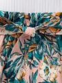 SHEIN Kids Cooltwn Tween Girls' Casual Knit Splicing Floral Print Romper Shortalls For Spring/Summer