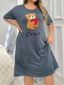 Plus Size Women's Cartoon Bear Heart & Letter Print T-Shirt And Long Sleep Dress