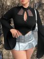 SHEIN ICON Plus Size Fishnet Hollow Out Bell Sleeve T-shirt