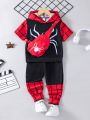 SHEIN Young Boy Spider Printed Short Sleeve Hoodie And Pants Set With Backpack, Summer