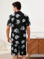 Men'S Floral Print Short Sleeve Shirt And Shorts Homewear Set