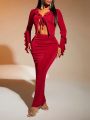 SHEIN SXY Women's Ruffle Trim Spaghetti Strap Top And Mermaid Hem Midi Skirt Set