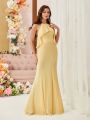 SHEIN Belle Chiffon Bridesmaid Dress With Halter Neck, Gathered Waist, Pleated Detail And Slight Fish Tail
