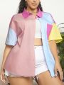 SHEIN CURVE+ Plus Size Color Block Drop Shoulder Short Sleeve Jacket
