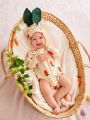 SHEIN Cute Rabbit & Carrot Pattern Round Neck Long Sleeve Romper With Hat Set For Newborn Baby Girl