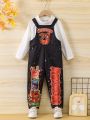 Young Boy Letter & Cartoon Graphic Overall Jumpsuit & Solid Tee