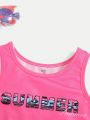SHEIN Baby Girl Casual Summer Letter Printed Vest & Color Block Ultra Short Swim Trunks Set