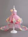 Little Girls' 3d Flower Decorated Mesh Floor-Length Formal Dress