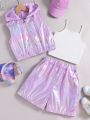 Teen Girls' Laser Reflective Zipper Front Hooded Vest And Shorts Set