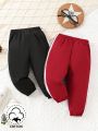 2pcs/Set Baby Boys' Cute Sporty Casual Daily Wear Bottoms In Black And Wine Red, Spring