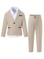 SHEIN Young Boy Gentleman Two Piece Suit - Color Block Design Suit Jacket + Pants, Elegant Tuxedo For Birthday Party, Prom, Wedding, Baptism, Christening, And Other Formal Occasions