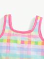 SHEIN Baby Girl Casual Cute Colored Gingham Pattern Vest Swimsuit And Swim Shorts Set