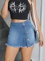 SHEIN Teen Girl's Water Washed Ripped Casual High-Waist Stretch Jean Skirt