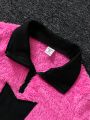 SHEIN Kids FANZEY Tween Girl Star Pattern Contrast Collar Flannel Half Zip Teddy Top & Skirt