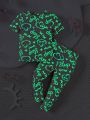 2pcs/Set Baby Girl Reflective Full Printed Short Sleeve T-Shirt And Long Pants Pajama Set