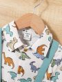 SHEIN Unisex Infants' Gentleman Style Cute Dinosaur Printed Short Sleeve Shirt And Overalls Shorts Set