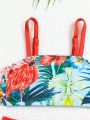 Baby Girl Flamingo And Tropical Print Mesh Cover-Up Swimsuit Set