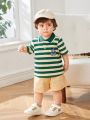 SHEIN Baby Boy's Cute Stripe Short Sleeved Polo Shirt With Bear Embroidery And Shorts Set