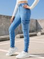SHEIN Teen Girls  Blue Stretchy High Waist Solid Skinny Stacked Denim Pants,Flap Pocket Cargo Jeans,Casual & Trendy Pants For Spring Summer,Kid's Denim & Clothing