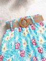 SHEIN Kids SUNSHNE Big Girls' Short Sleeve Top & Floral Printed Skirt Set