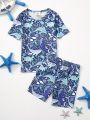 Young Boy Spring & Summer New Ocean Animal Sharks Printed Pajamas Two Pieces Set