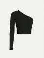 Teen Girls' Knitted Solid Color Asymmetric Neckline Hollow Out Long Sleeve T-shirt