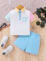 SHEIN Baby Boys' Colorblock Polo Short Sleeve Top With Elastic Waist Shorts Set
