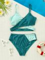 SHEIN Tween Girls' Color Block Casual Style Spring/Summer Cami  Bikini Swimsuit Set