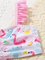 Baby Flamingo Print Frill Trim Bikini Swimsuit & Beach Skirt