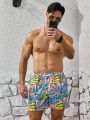 Men's Beach Shorts With All-Over Printed Pattern And Diagonal Pockets