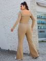 SHEIN Coolane Women's Plus Size Loose Fit Irregular Hem Tee And Pants Set With Pocket Details