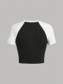 SHEIN Teen Girls' Knitted Heart Pattern Colorblock Drop Shoulder Short Sleeve T-Shirt
