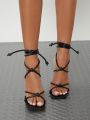 Women Knot Detail Tie Leg Design Pyramid Heeled Sandals, Fashion Black Strappy Sandals