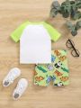 SHEIN Baby Boy Cute Cartoon Animal Pattern Raglan Short Sleeve Top And Fitted Shorts Pajama Set