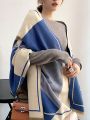 1pc Blue Women Cashmere Feeling Color Block Long Shawl Scarf, Geometric Pattern Keep Warm Wool Fashion Scarf For Autumn Winter Daily Life Evening Dresses Travel Office Winter Wedding and gift