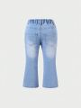 Baby Girls' Vintage Personality Design Flared Jeans With Slanted Waist And Ripped Hole Details