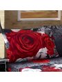3D Bed Sheet Set - 4 Pieces 3D Red and White Rose Reactive Printed Sheet Set Queen/King Size - Soft, Breathable, Fade Resistant - Includes 1 Flat Sheet, 1 Fitted Sheet, 2 Shams