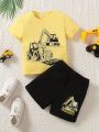 SHEIN Kids EVRYDAY 2pcs Toddler Boys' Casual Excavator Printed Short Sleeve T-Shirt And Shorts Set