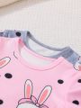 SHEIN Baby Girls' Cute Rabbit Print Bodysuit Set X 2 With 2 Hair Bands, Homewear Combination Outfits